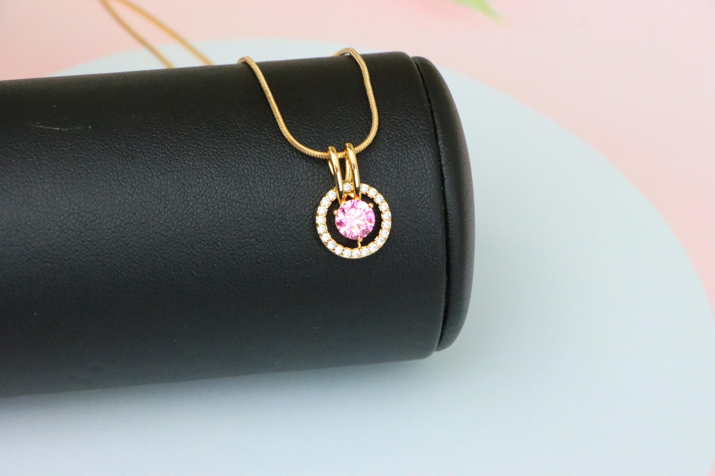 Sparkling Pink Halo Pendant with Gold Plated Brass Frame, XPPT1712 (2150-7)