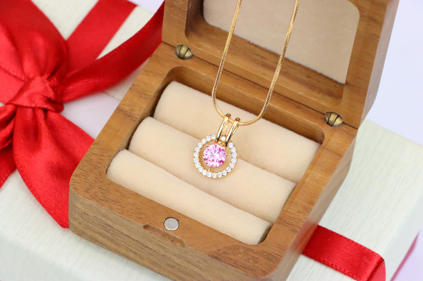Sparkling Pink Halo Pendant with Gold Plated Brass Frame, XPPT1712 (2150-7)