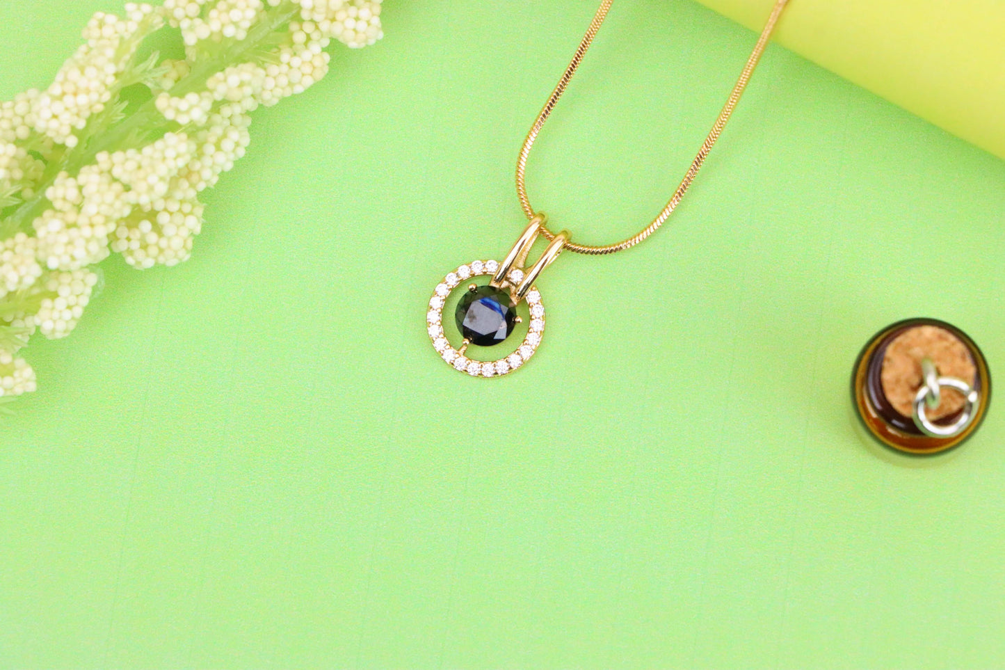 Elegant Black Round Pendant with Gold and Crystal Halo Design, XPPT1713 (2150-7)