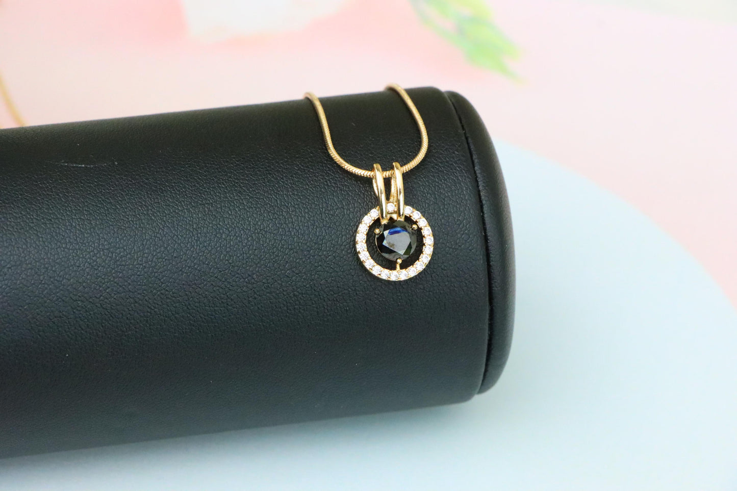 Elegant Black Round Pendant with Gold and Crystal Halo Design, XPPT1713 (2150-7)