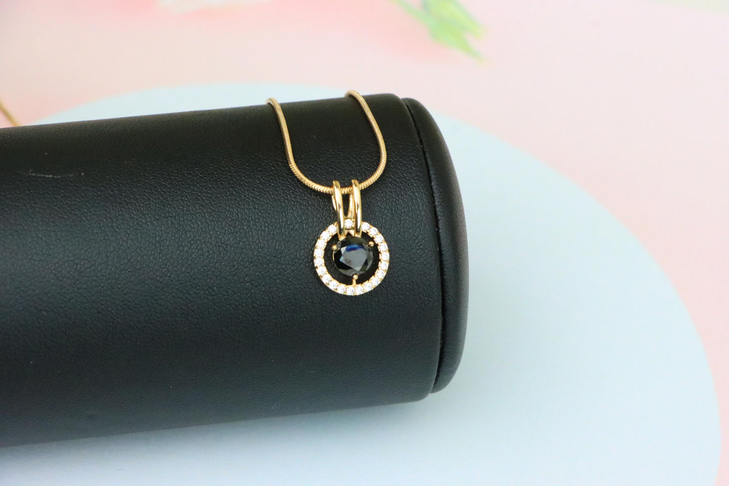 Elegant Black Round Pendant with Gold and Crystal Halo Design, XPPT1713 (2150-7)