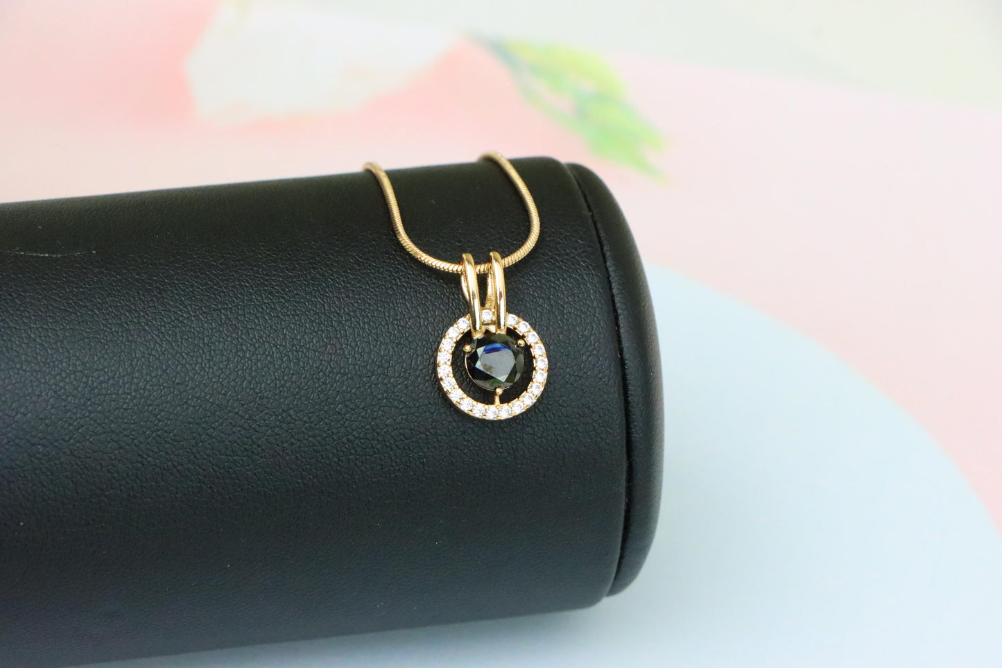 Elegant Black Round Pendant with Gold and Crystal Halo Design, XPPT1713 (2150-7)