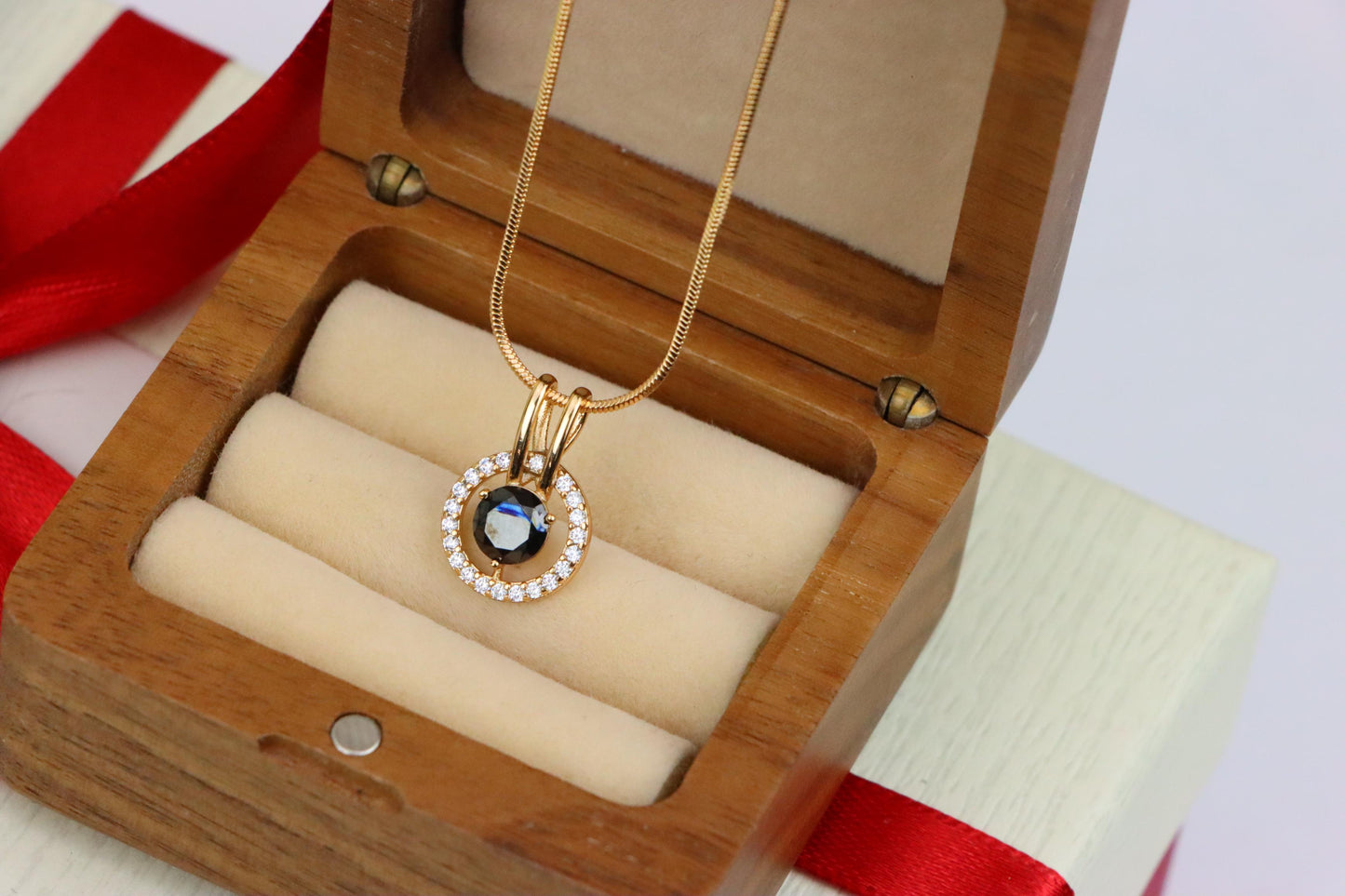 Elegant Black Round Pendant with Gold and Crystal Halo Design, XPPT1713 (2150-7)