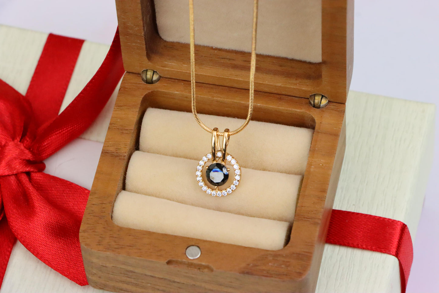 Elegant Black Round Pendant with Gold and Crystal Halo Design, XPPT1713 (2150-7)