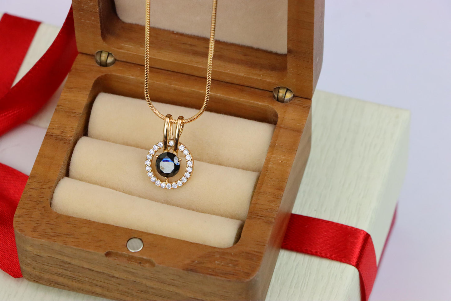 Elegant Black Round Pendant with Gold and Crystal Halo Design, XPPT1713 (2150-7)