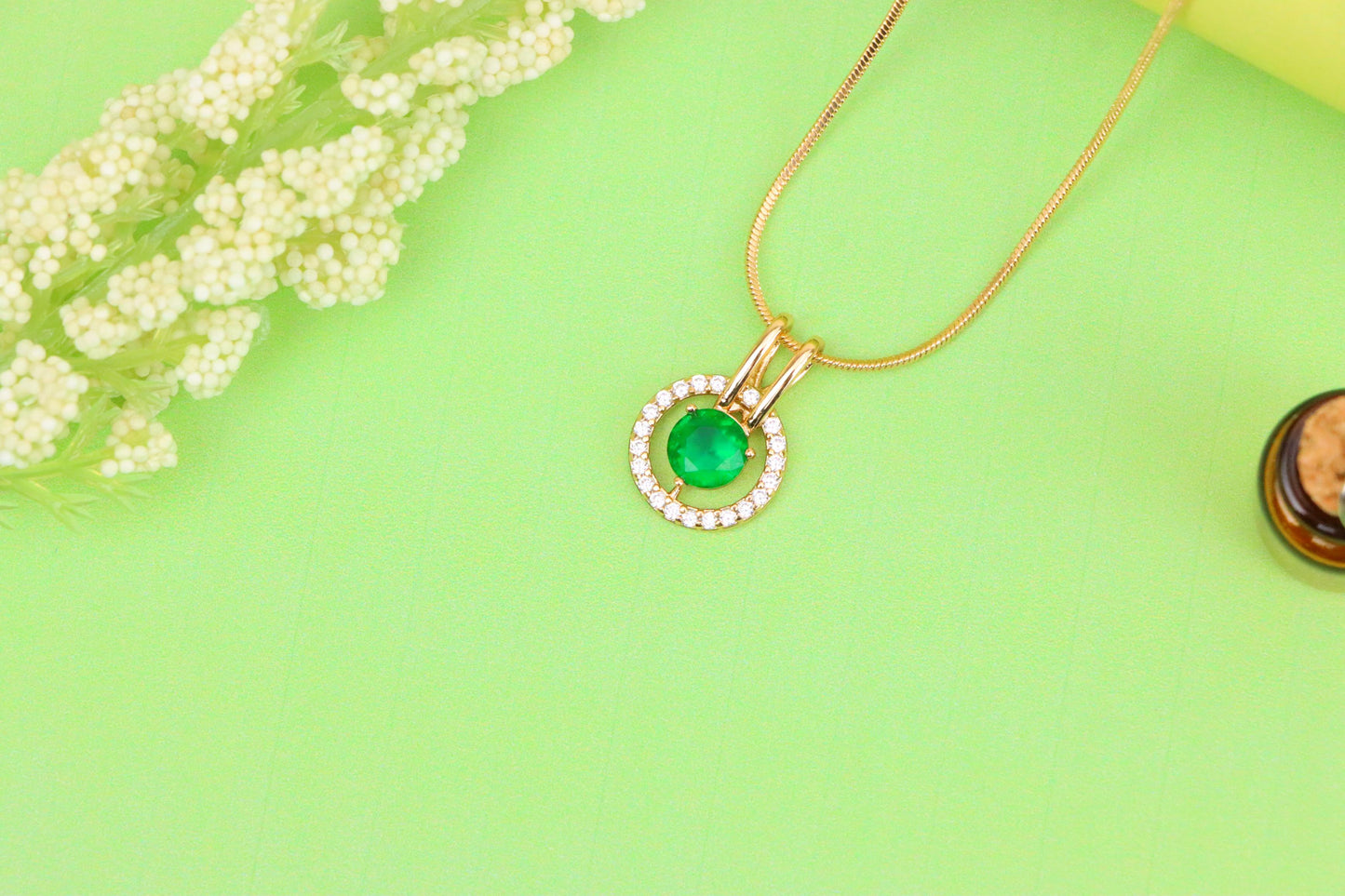 Round Green Pendant with Halo Stones in Gold Finish for Elegant Look, XPPT1714 (2150-7)