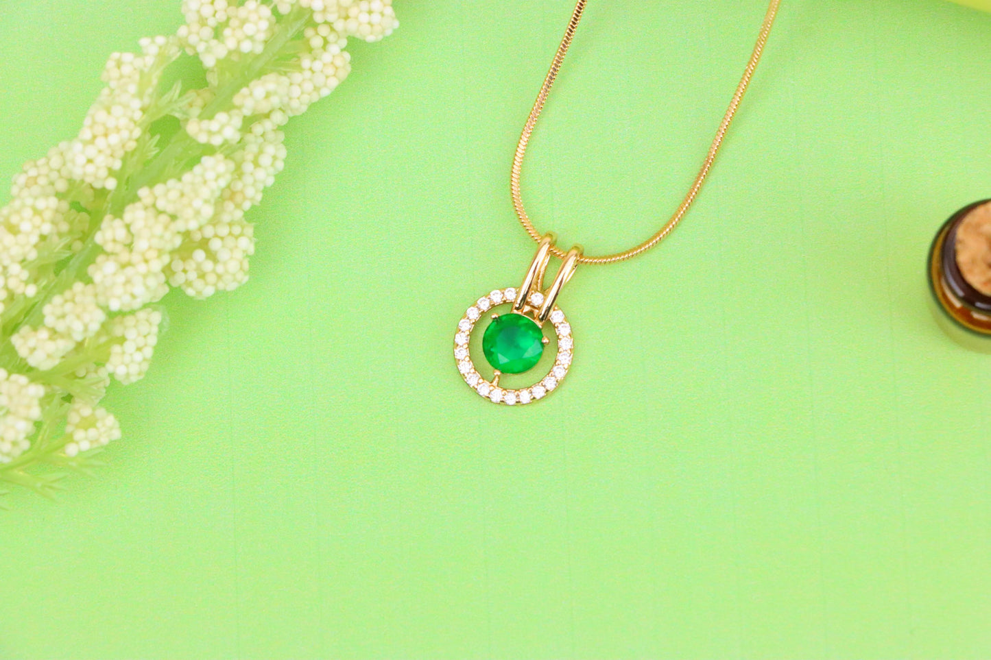Round Green Pendant with Halo Stones in Gold Finish for Elegant Look, XPPT1714 (2150-7)