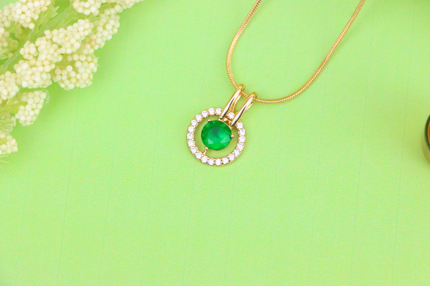 Round Green Pendant with Halo Stones in Gold Finish for Elegant Look, XPPT1714 (2150-7)