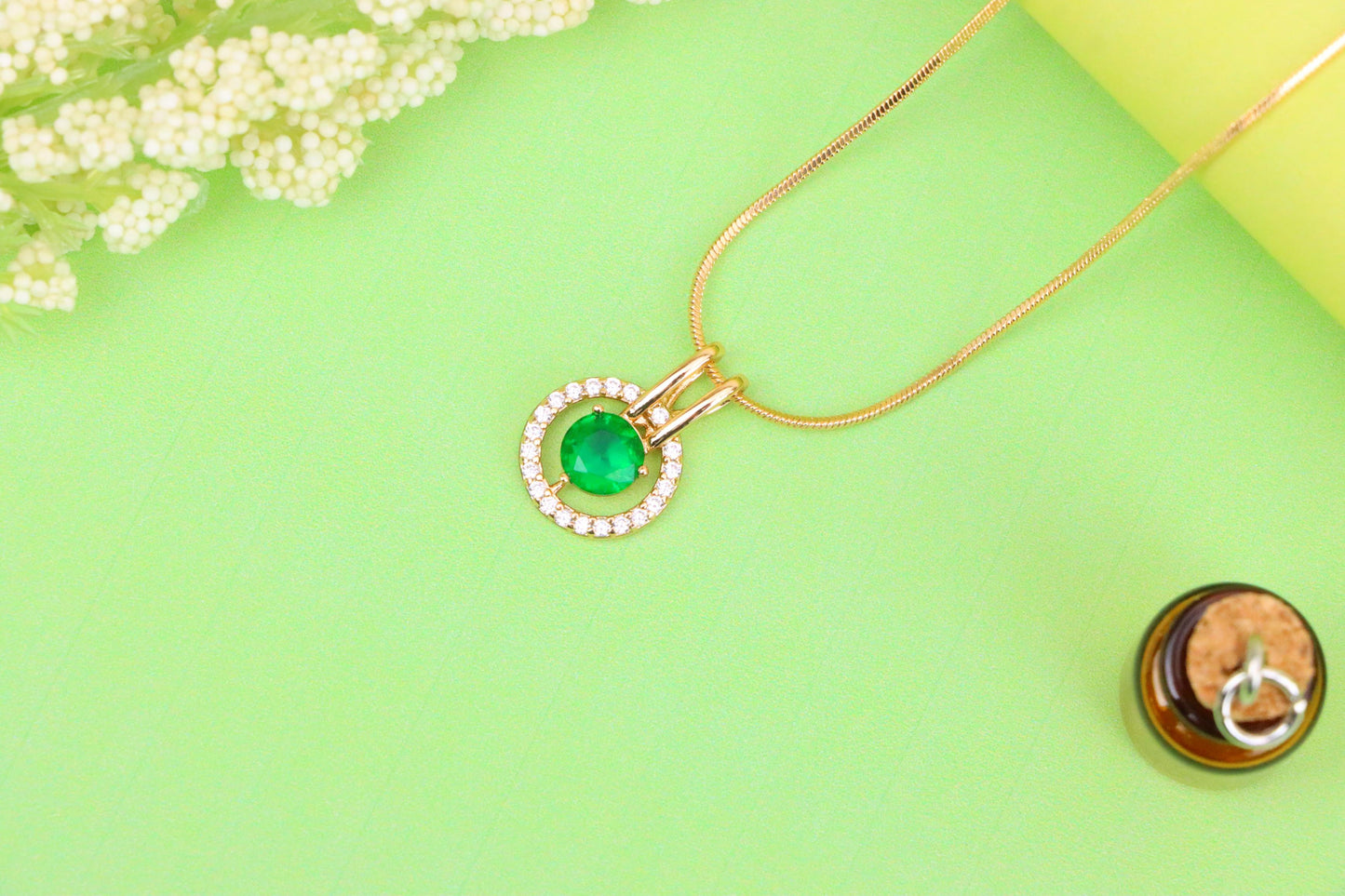 Round Green Pendant with Halo Stones in Gold Finish for Elegant Look, XPPT1714 (2150-7)