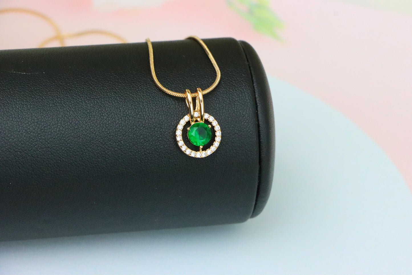 Round Green Pendant with Halo Stones in Gold Finish for Elegant Look, XPPT1714 (2150-7)