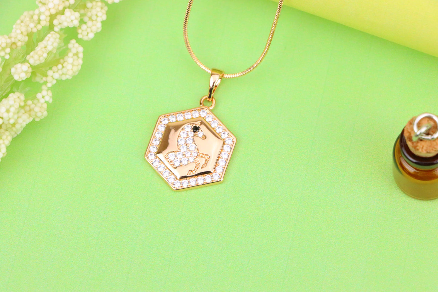 Hexagon Horse Pendant in Rose Gold with Crystal Accents, XPPT1271 (2127-7)