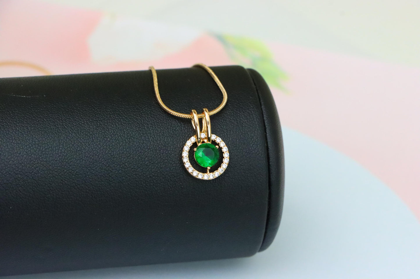 Round Green Pendant with Halo Stones in Gold Finish for Elegant Look, XPPT1714 (2150-7)