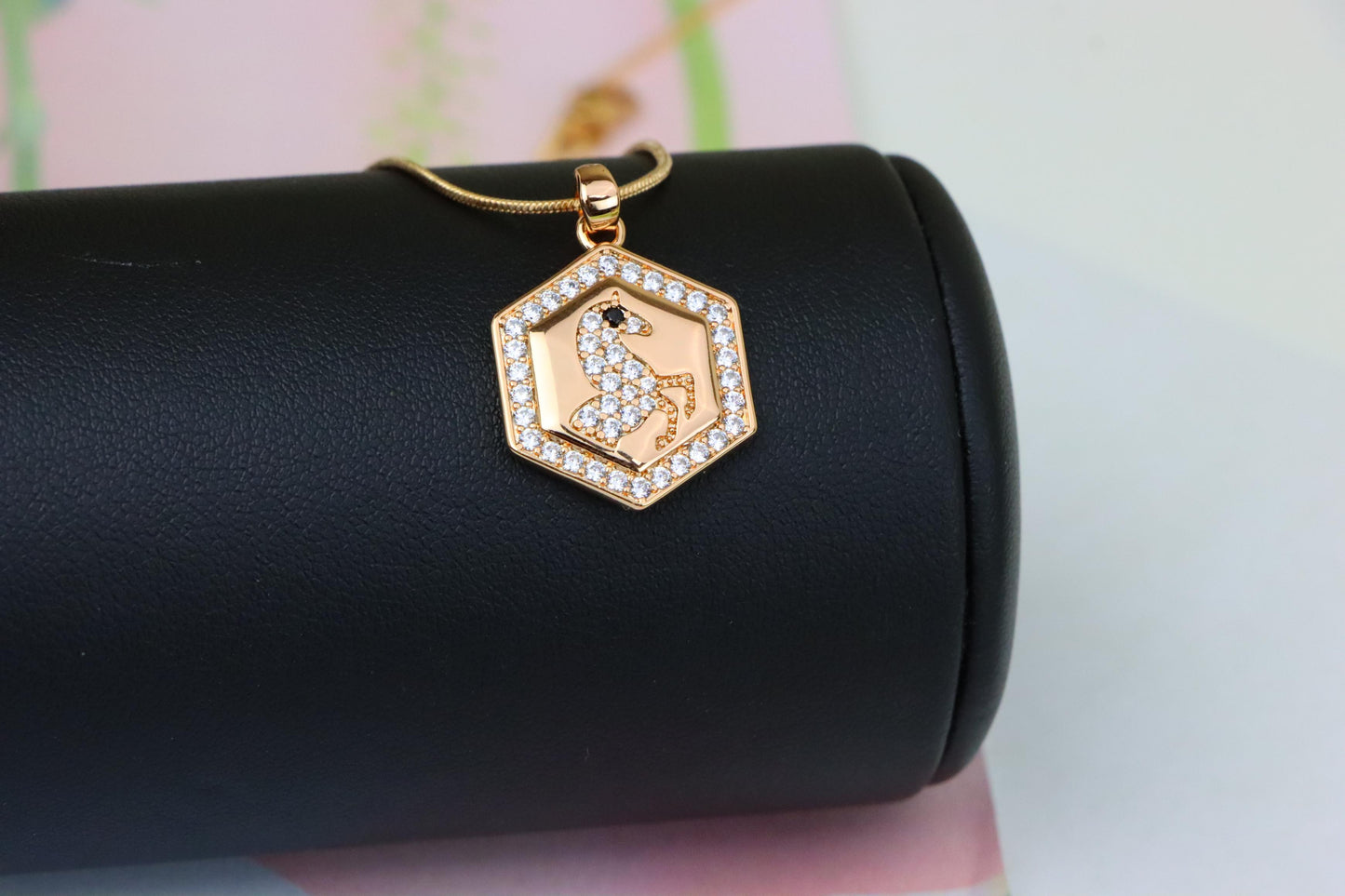 Hexagon Horse Pendant in Rose Gold with Crystal Accents, XPPT1271 (2127-7)