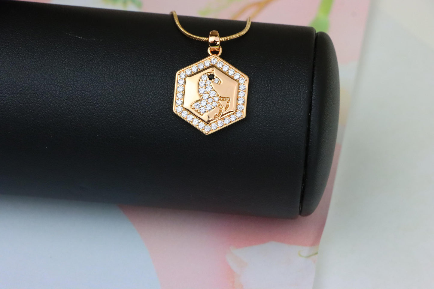 Hexagon Horse Pendant in Rose Gold with Crystal Accents, XPPT1271 (2127-7)