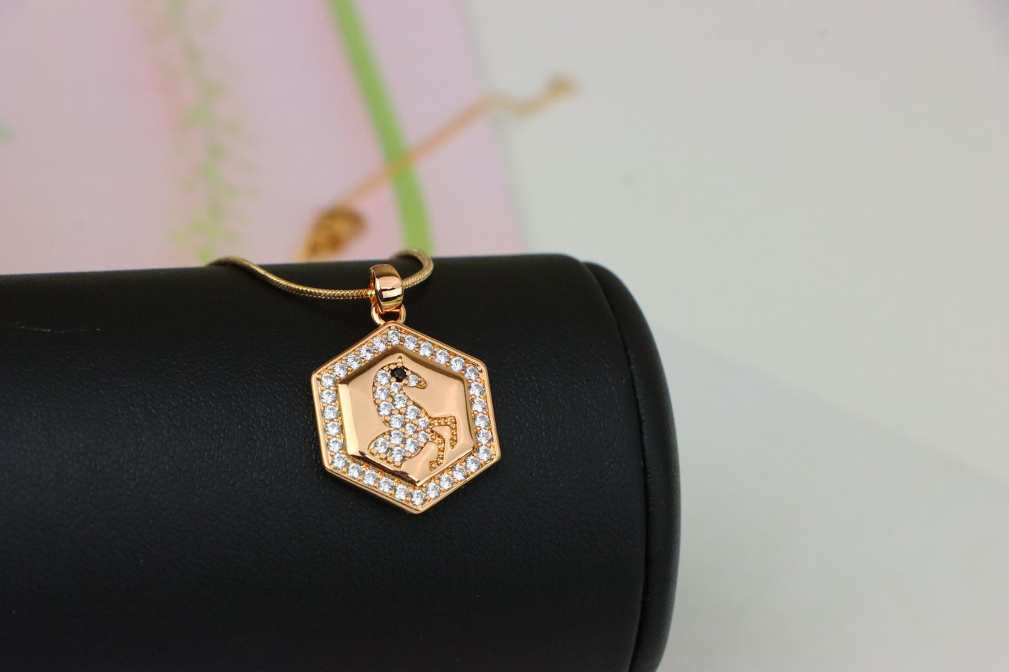 Hexagon Horse Pendant in Rose Gold with Crystal Accents, XPPT1271 (2127-7)
