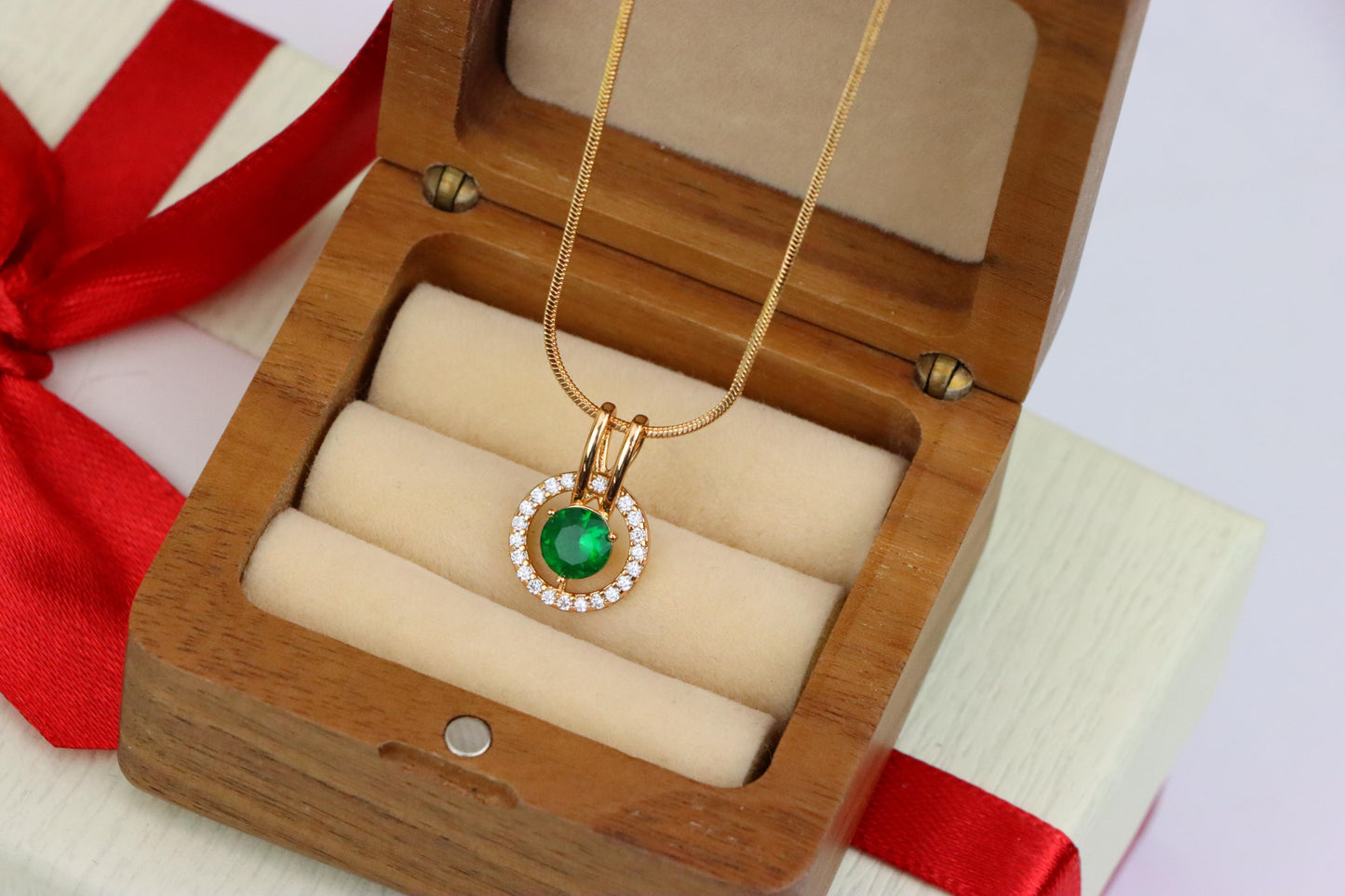 Round Green Pendant with Halo Stones in Gold Finish for Elegant Look, XPPT1714 (2150-7)