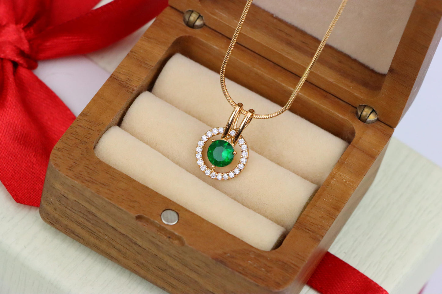 Round Green Pendant with Halo Stones in Gold Finish for Elegant Look, XPPT1714 (2150-7)
