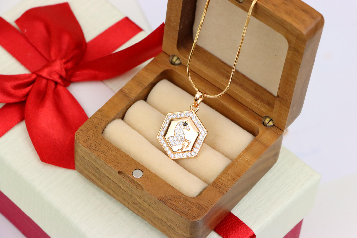 Hexagon Horse Pendant in Rose Gold with Crystal Accents, XPPT1271 (2127-7)