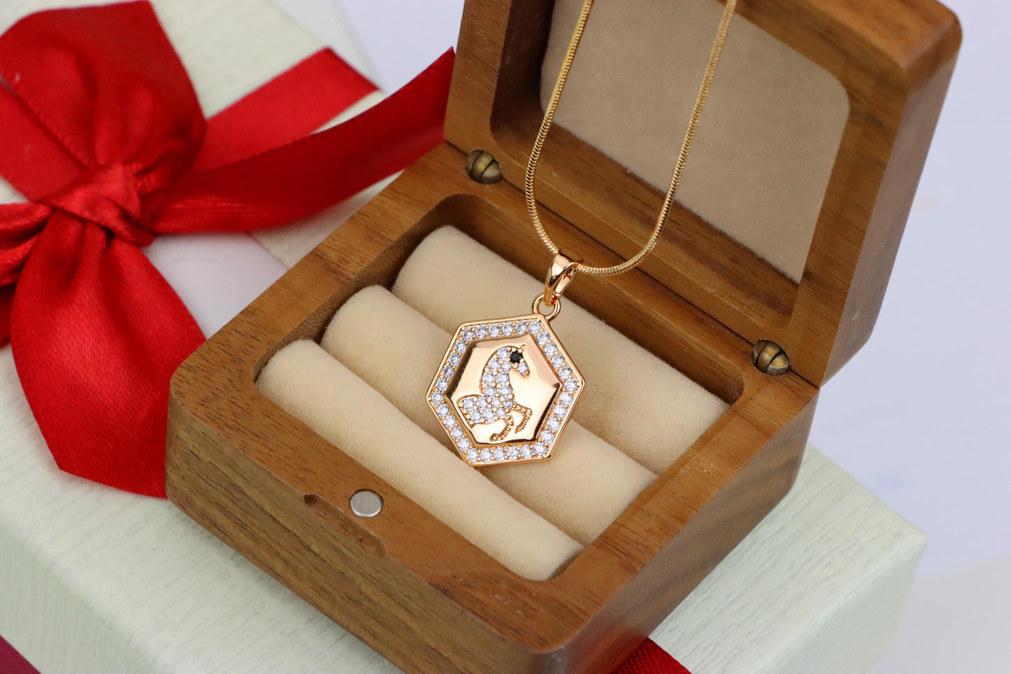 Hexagon Horse Pendant in Rose Gold with Crystal Accents, XPPT1271 (2127-7)