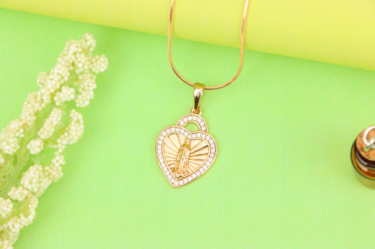 Religious Rose Gold Heart Pendant with Virgin Mary and Crystals, XPPT1273 (2127-9)