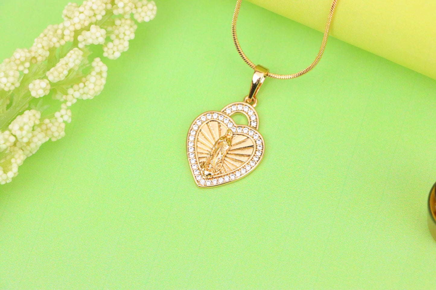 Religious Rose Gold Heart Pendant with Virgin Mary and Crystals, XPPT1273 (2127-9)