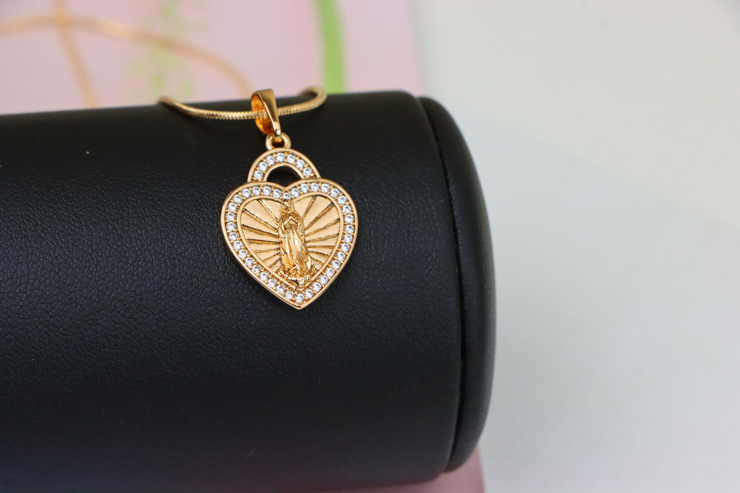 Religious Rose Gold Heart Pendant with Virgin Mary and Crystals, XPPT1273 (2127-9)