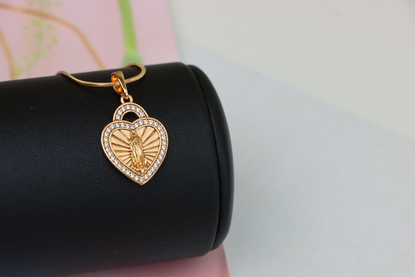 Religious Rose Gold Heart Pendant with Virgin Mary and Crystals, XPPT1273 (2127-9)