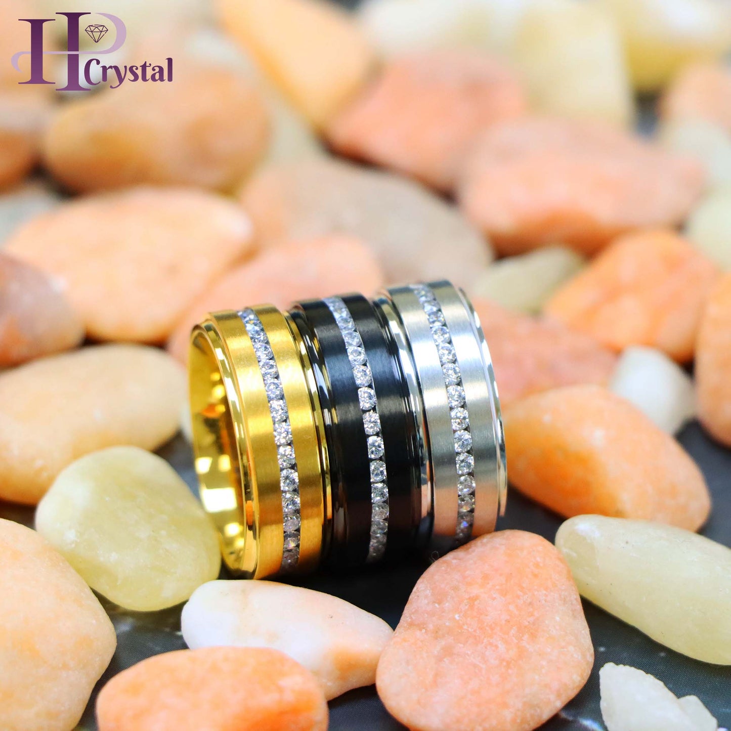 White IP /Yellow IP/Black IP Plated Titanium Ring with Brushed Center, Shiny Stepped Edge, and Eternity Style CZs