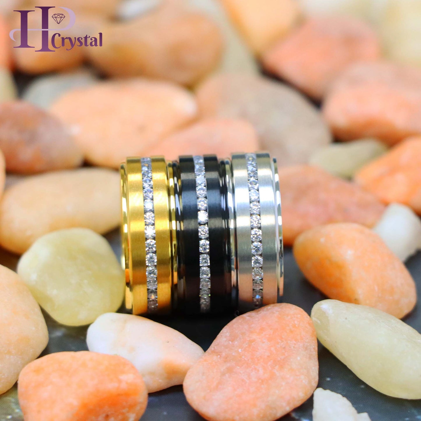 White IP /Yellow IP/Black IP Plated Titanium Ring with Brushed Center, Shiny Stepped Edge, and Eternity Style CZs
