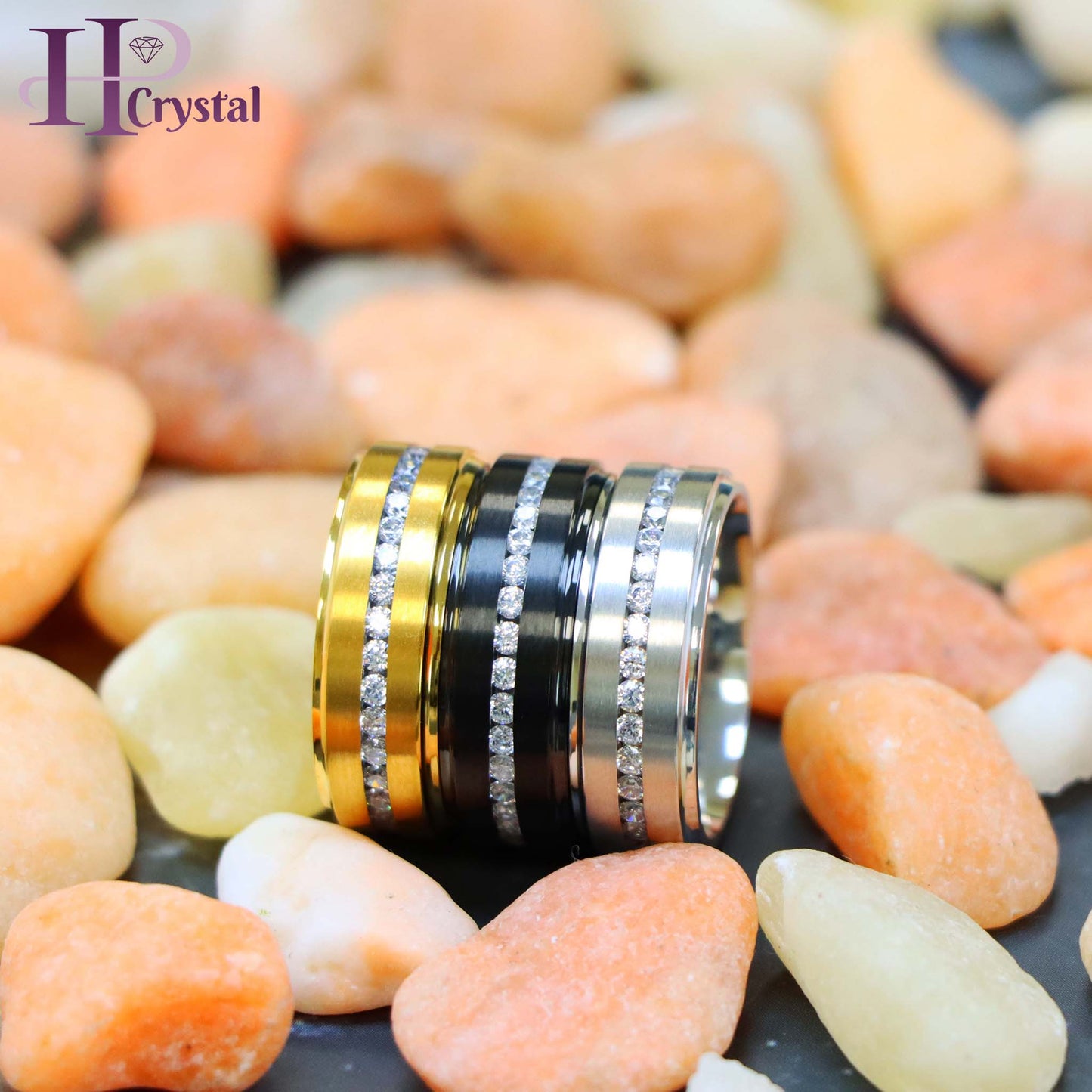 White IP /Yellow IP/Black IP Plated Titanium Ring with Brushed Center, Shiny Stepped Edge, and Eternity Style CZs