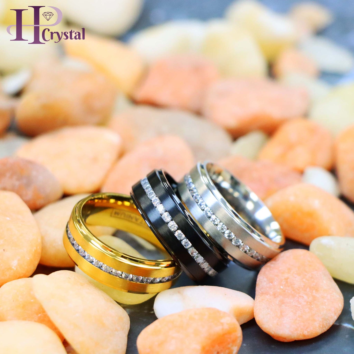 White IP /Yellow IP/Black IP Plated Titanium Ring with Brushed Center, Shiny Stepped Edge, and Eternity Style CZs