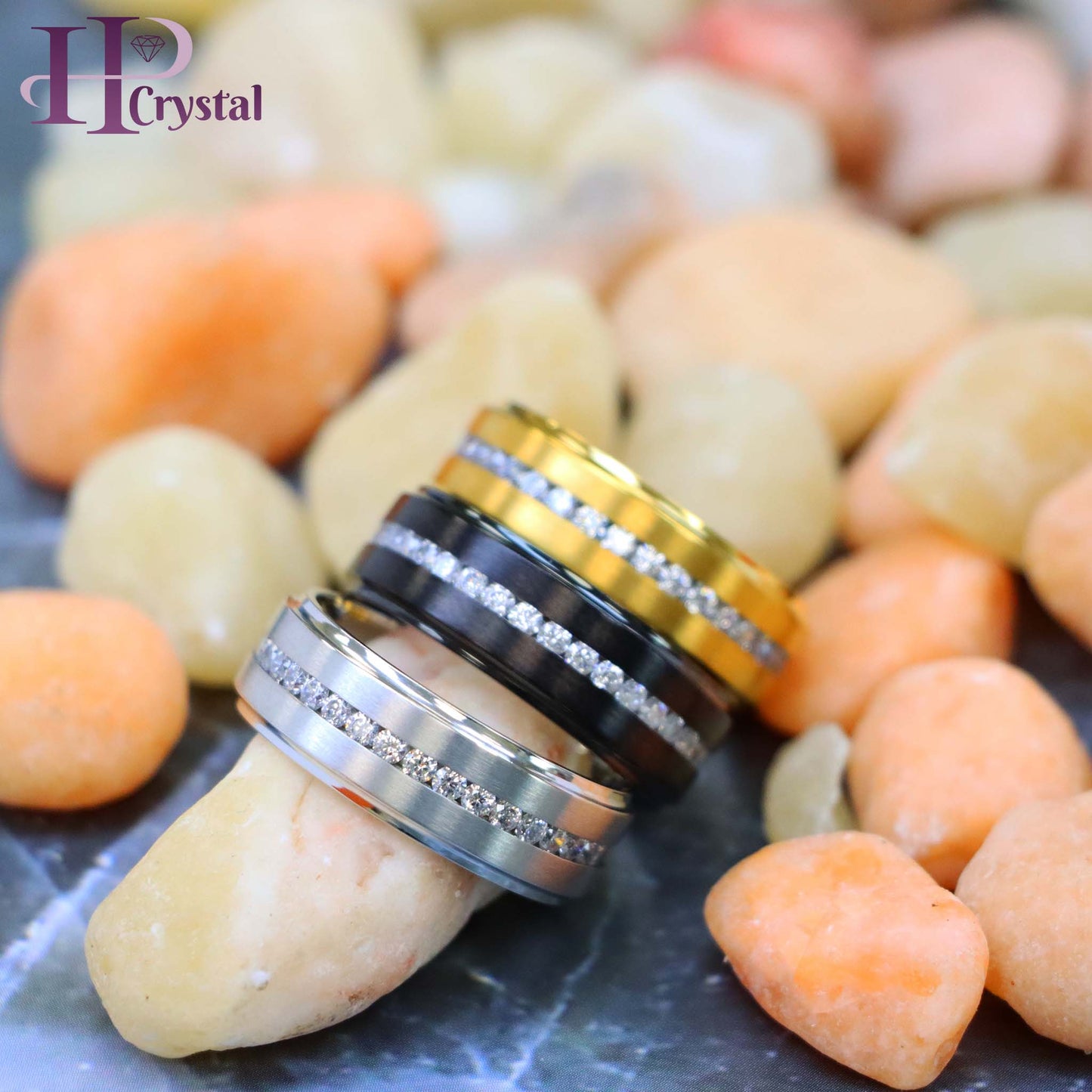 White IP /Yellow IP/Black IP Plated Titanium Ring with Brushed Center, Shiny Stepped Edge, and Eternity Style CZs