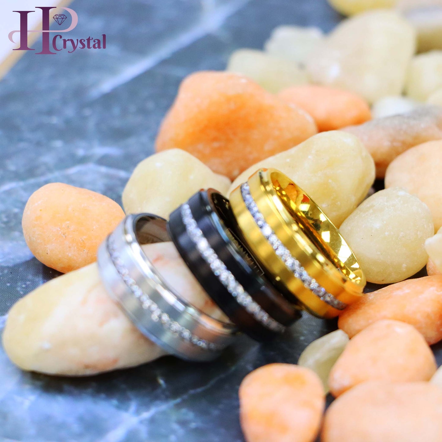White IP /Yellow IP/Black IP Plated Titanium Ring with Brushed Center, Shiny Stepped Edge, and Eternity Style CZs