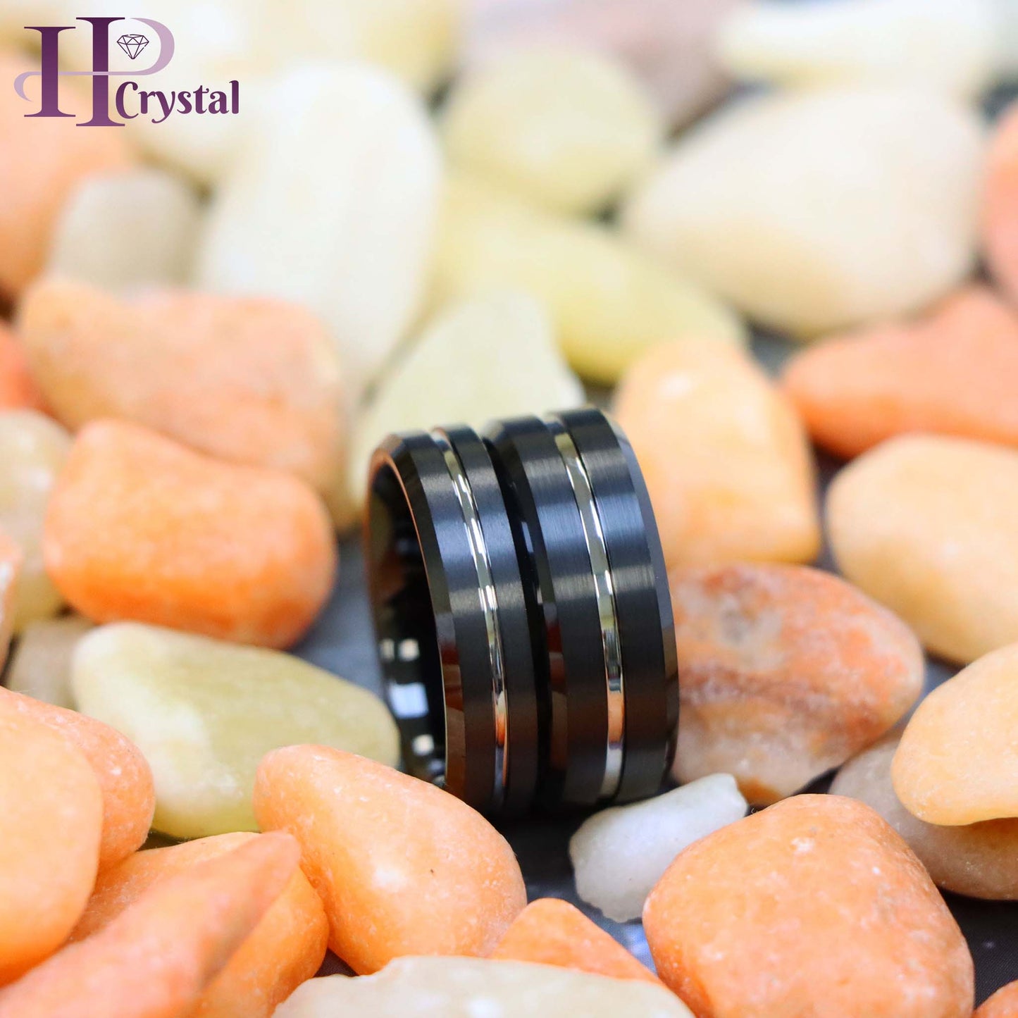 Black IP Brushed with Steel Color Grooved Center Beveled Edge Tungsten Ring