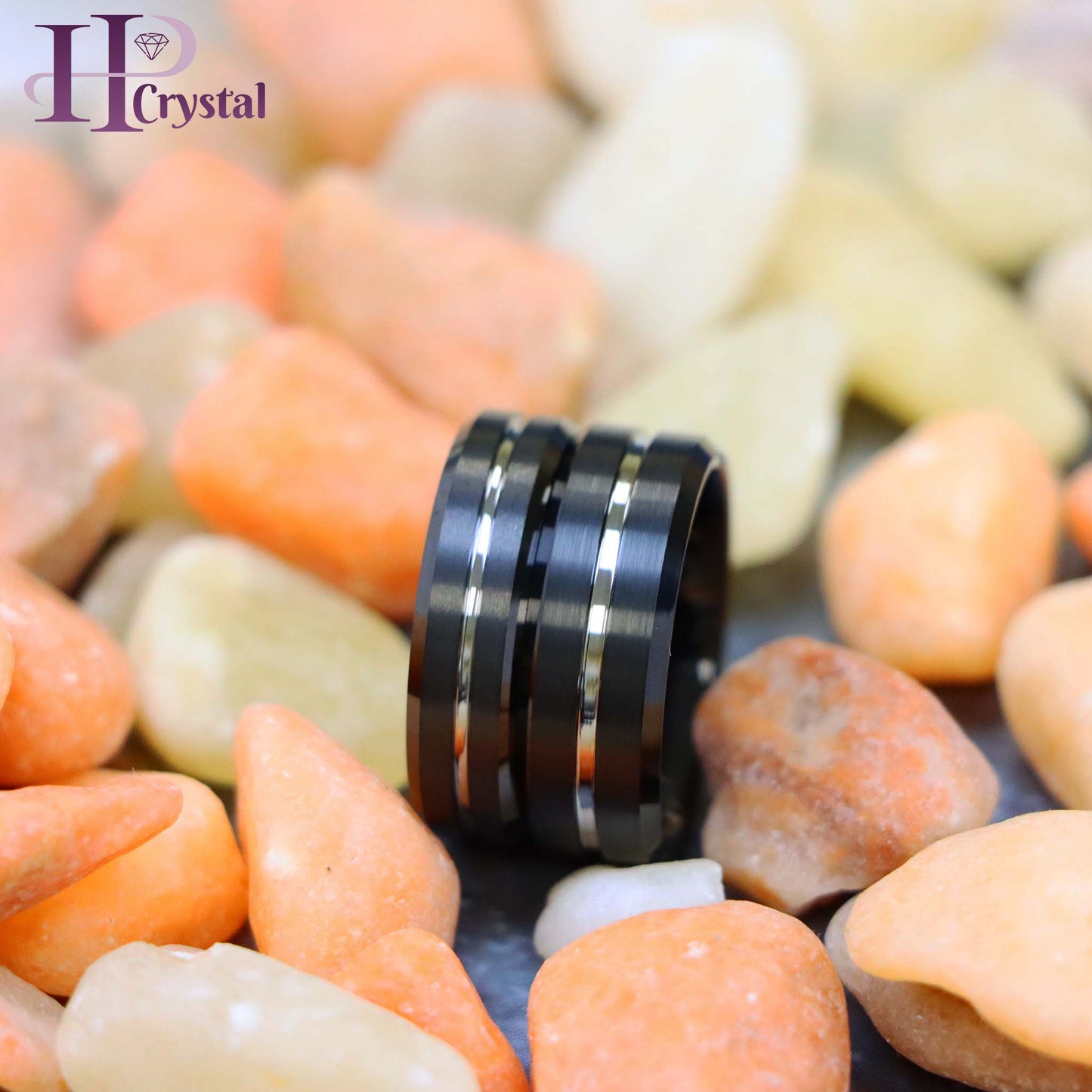 Black IP Brushed with Steel Color Grooved Center Beveled Edge Tungsten Ring