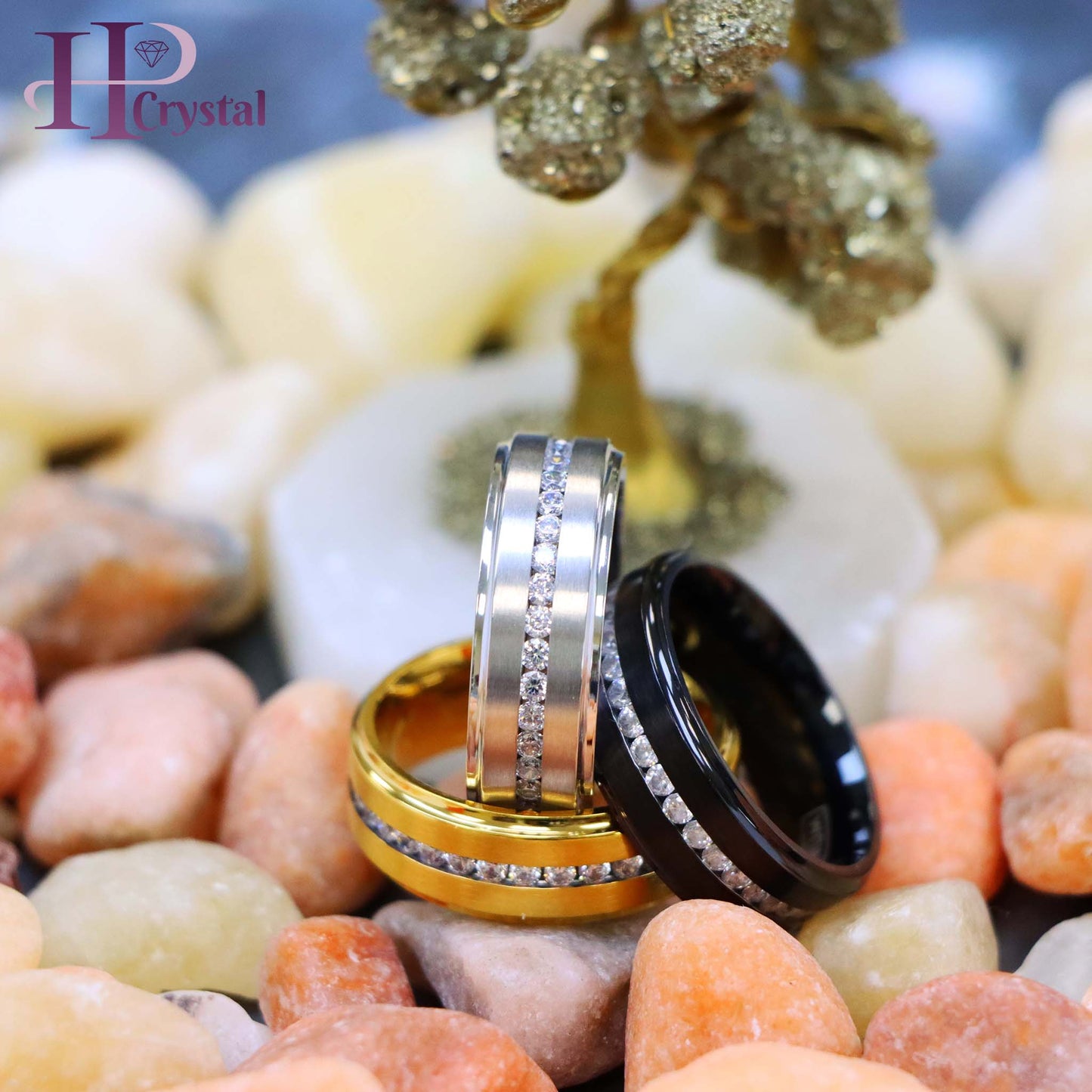 White IP /Yellow IP/Black IP Plated Titanium Ring with Brushed Center, Shiny Stepped Edge, and Eternity Style CZs