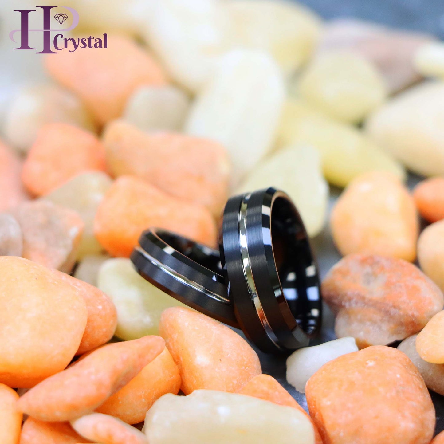 Black IP Brushed with Steel Color Grooved Center Beveled Edge Tungsten Ring