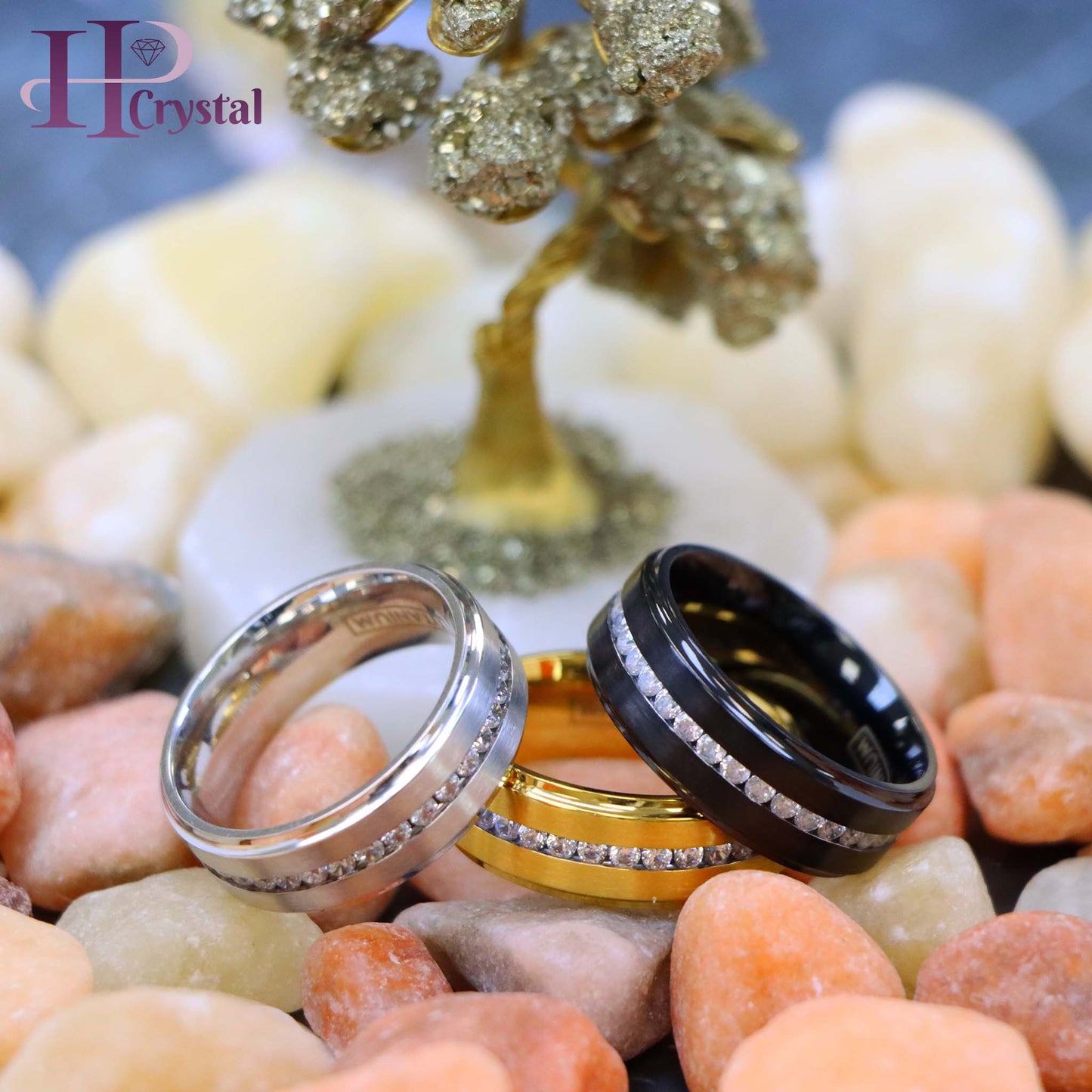 White IP /Yellow IP/Black IP Plated Titanium Ring with Brushed Center, Shiny Stepped Edge, and Eternity Style CZs