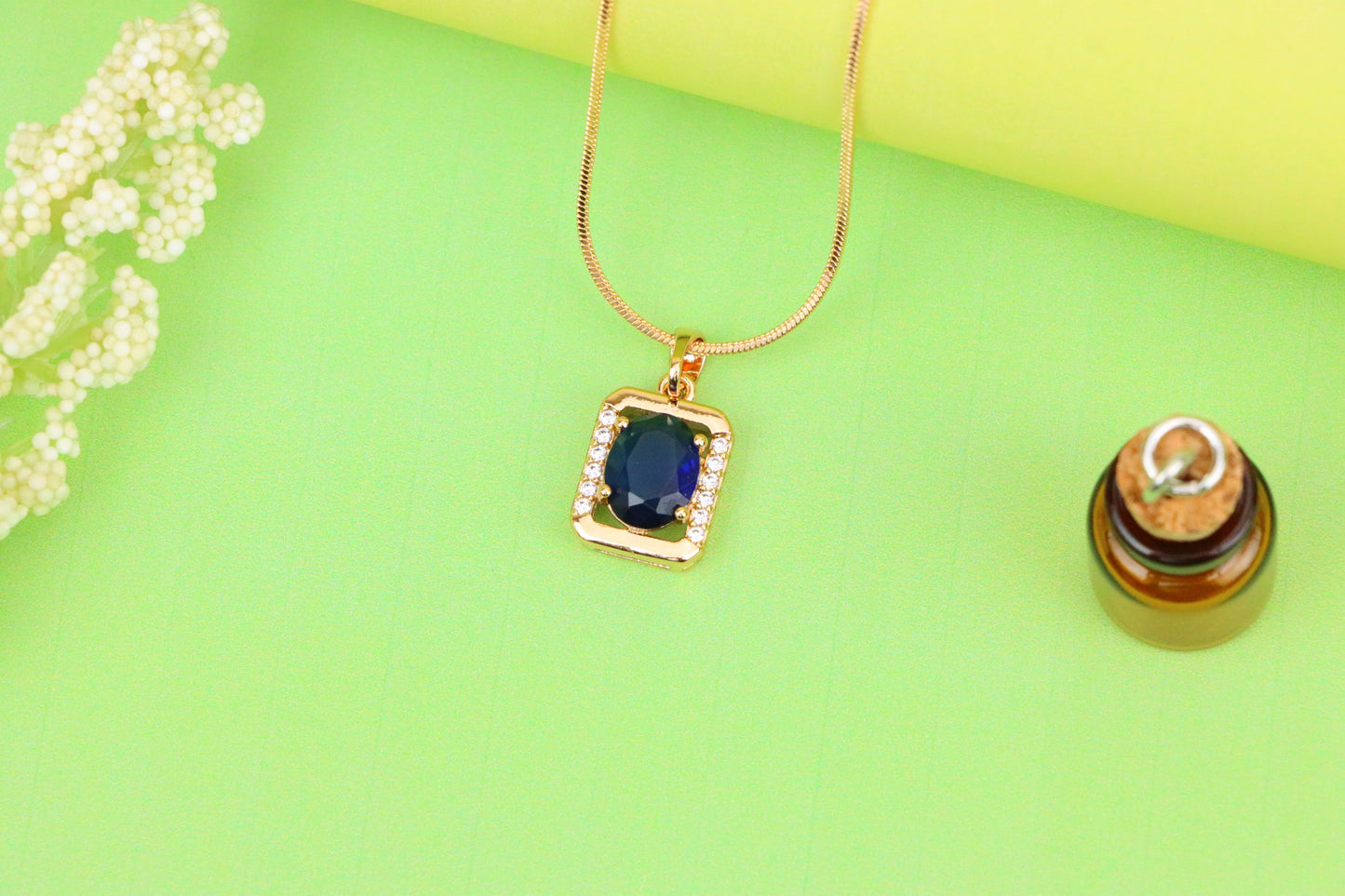 Rose Gold Rectangle Pendant with Blue Stone and Crystal Accents, XPPT1276 (2128-2)