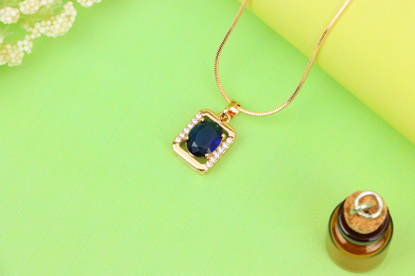 Rose Gold Rectangle Pendant with Blue Stone and Crystal Accents, XPPT1276 (2128-2)