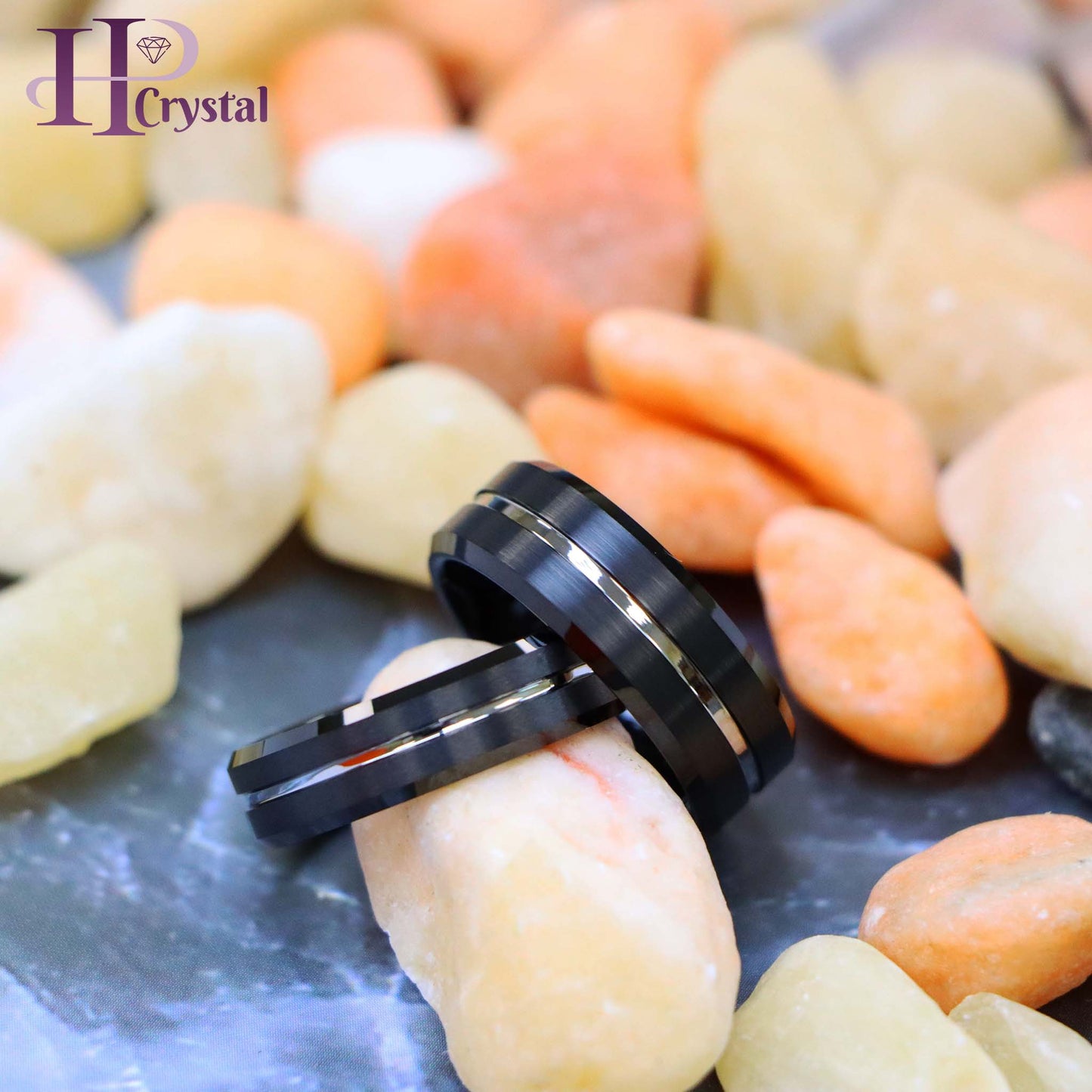 Black IP Brushed with Steel Color Grooved Center Beveled Edge Tungsten Ring