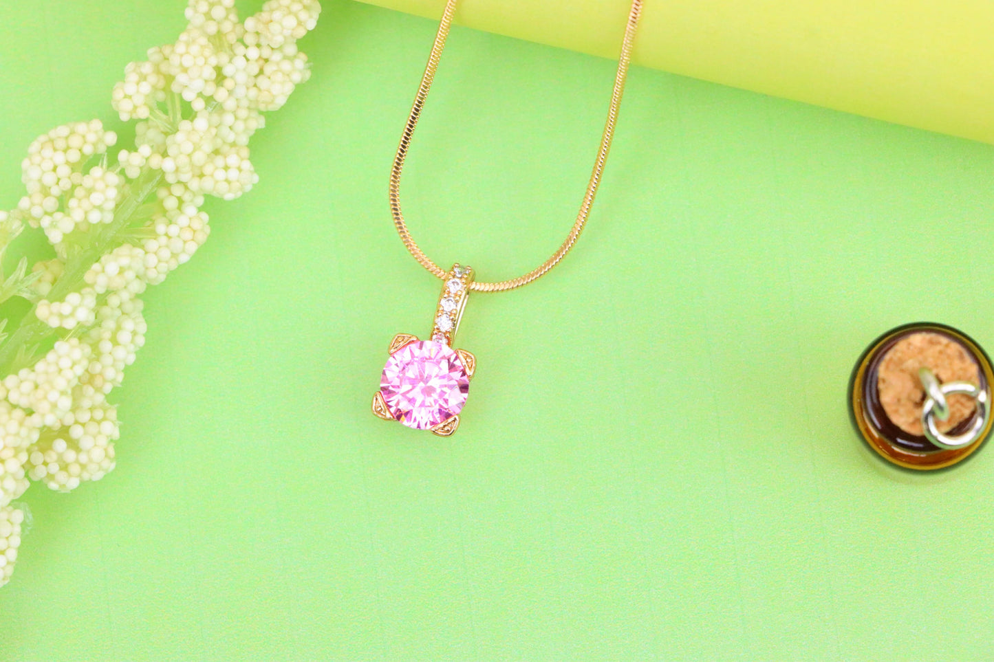 Elegant Pink Round Pendant with Gold Plated Sparkling Bail Detail, XPPT1720 (2150-8)