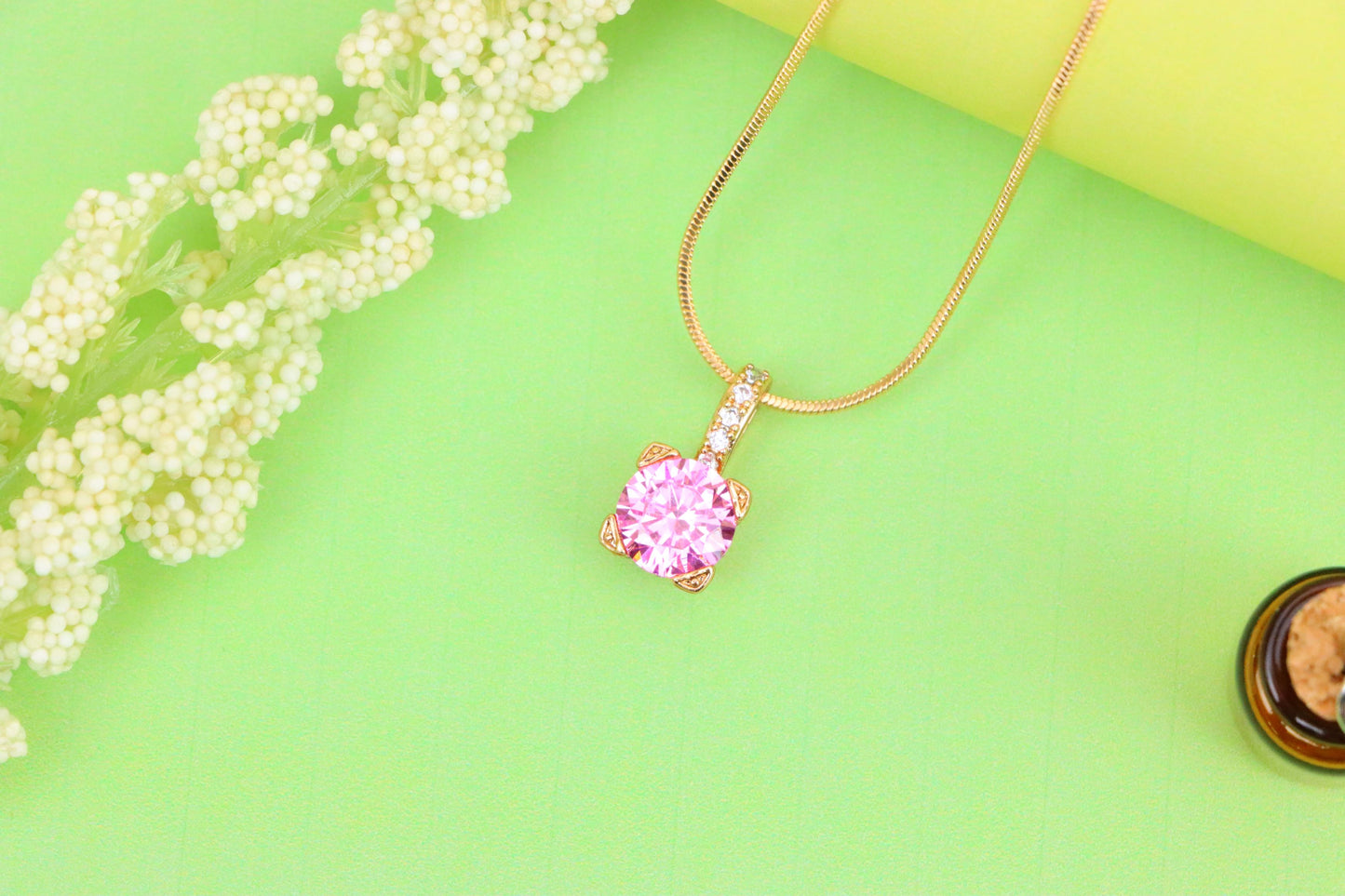 Elegant Pink Round Pendant with Gold Plated Sparkling Bail Detail, XPPT1720 (2150-8)