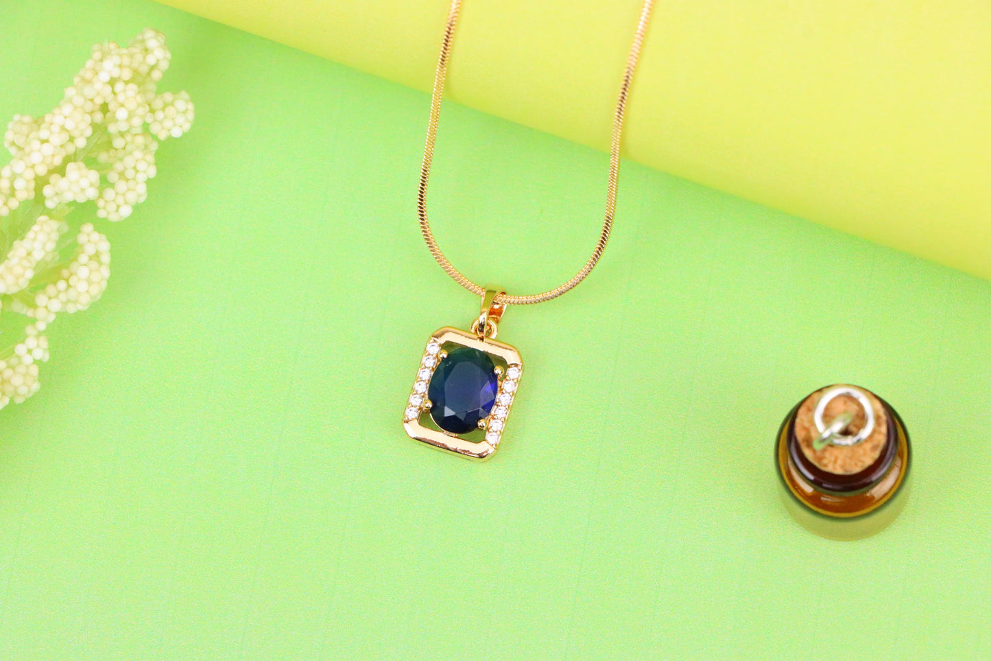 Rose Gold Rectangle Pendant with Blue Stone and Crystal Accents, XPPT1276 (2128-2)