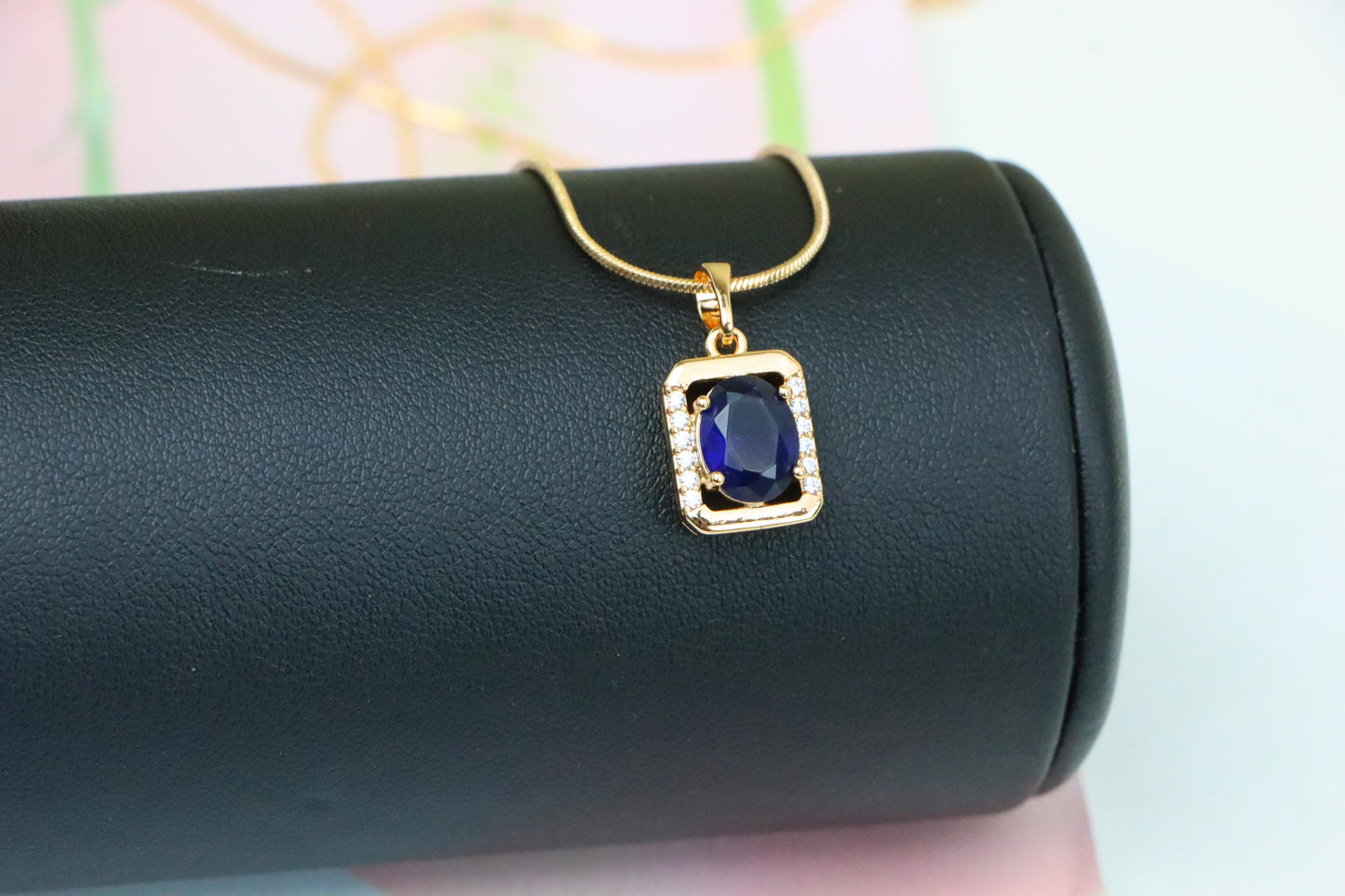 Rose Gold Rectangle Pendant with Blue Stone and Crystal Accents, XPPT1276 (2128-2)