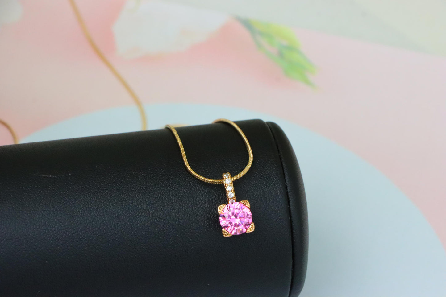 Elegant Pink Round Pendant with Gold Plated Sparkling Bail Detail, XPPT1720 (2150-8)