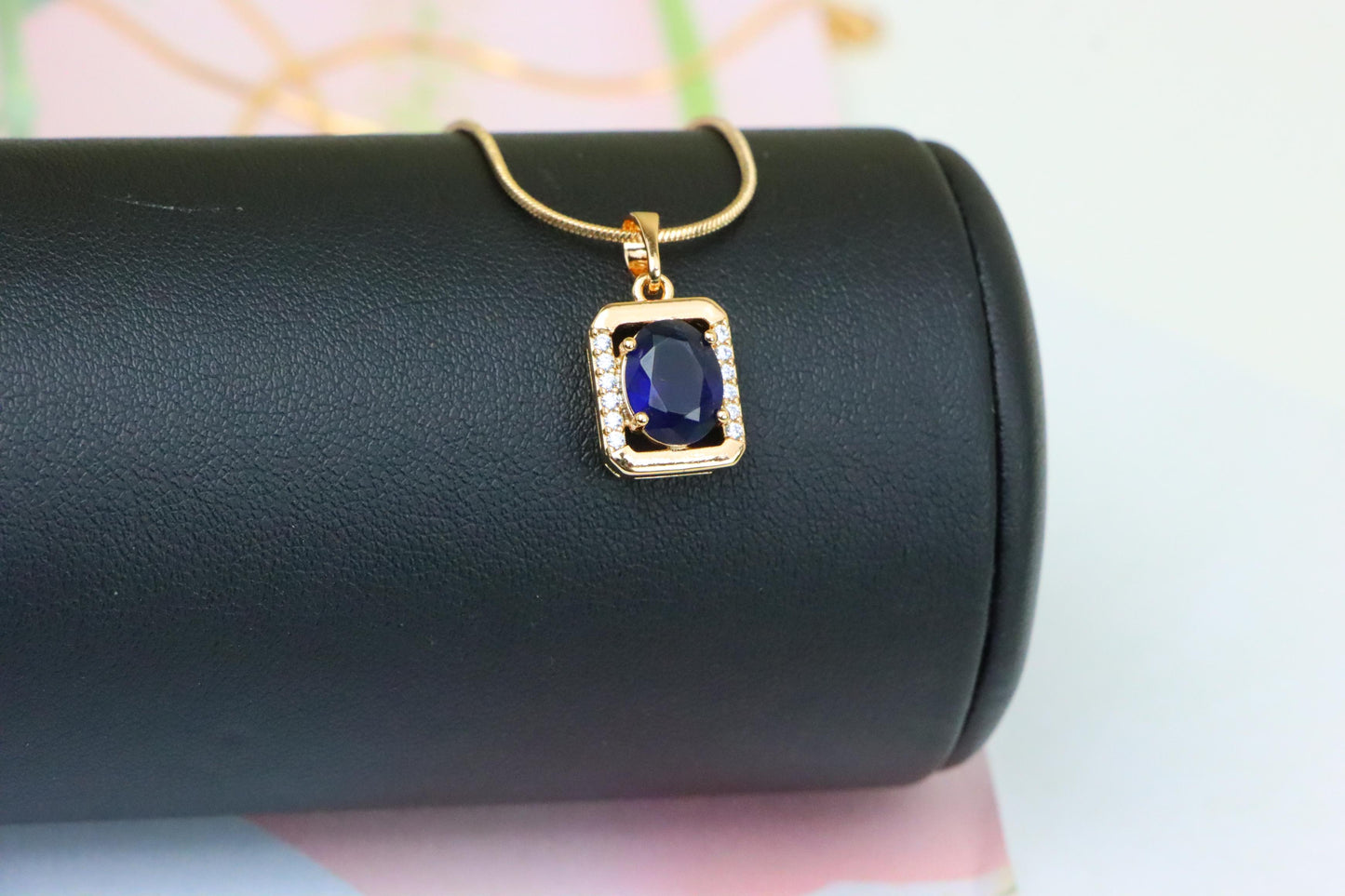 Rose Gold Rectangle Pendant with Blue Stone and Crystal Accents, XPPT1276 (2128-2)