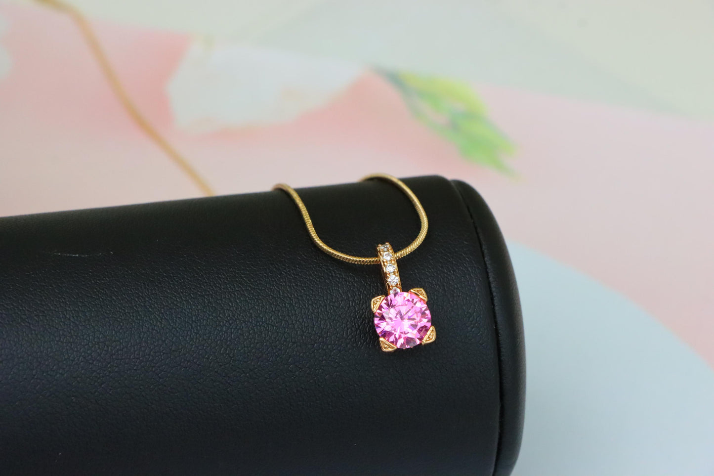 Elegant Pink Round Pendant with Gold Plated Sparkling Bail Detail, XPPT1720 (2150-8)