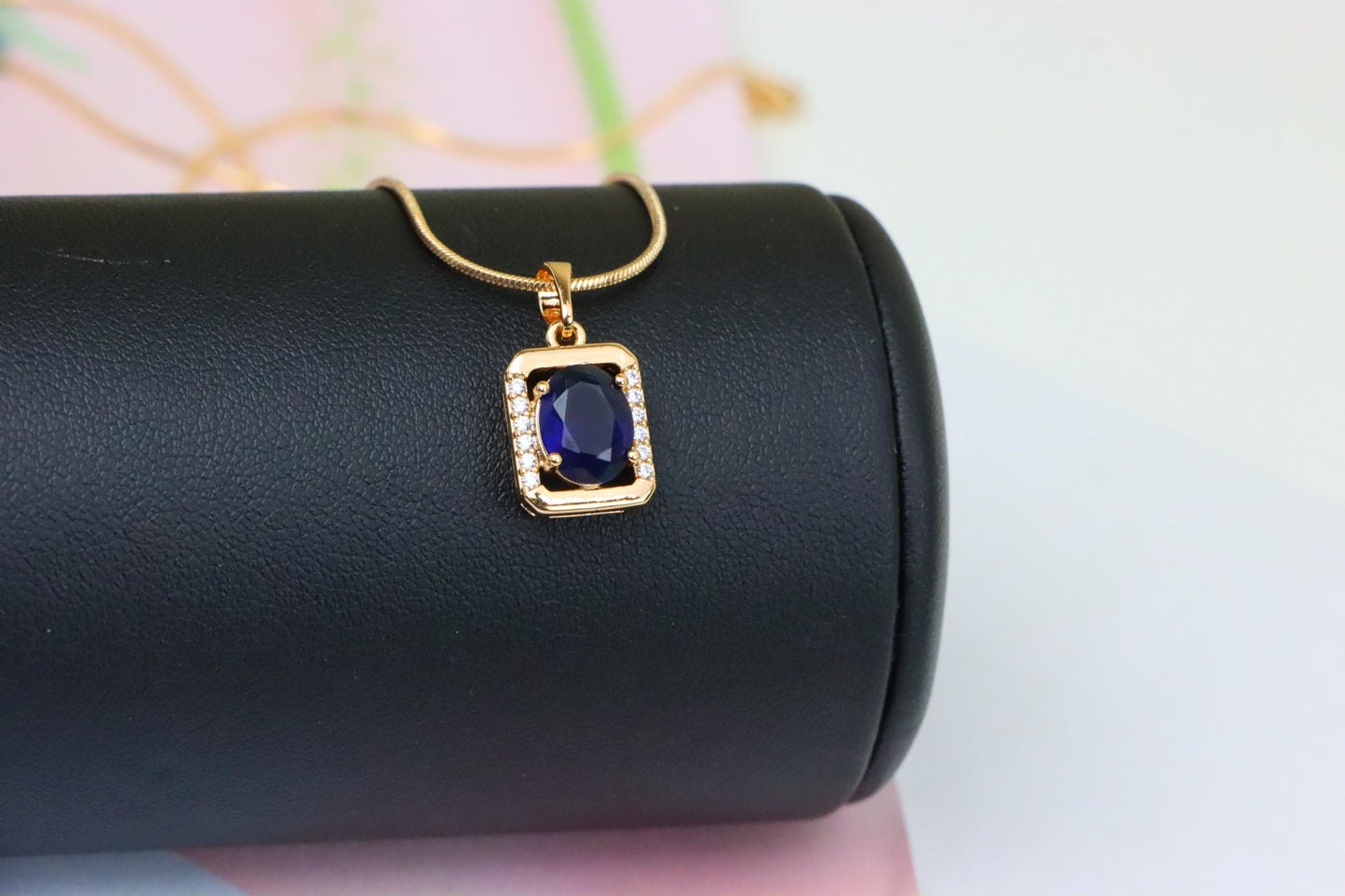 Rose Gold Rectangle Pendant with Blue Stone and Crystal Accents, XPPT1276 (2128-2)