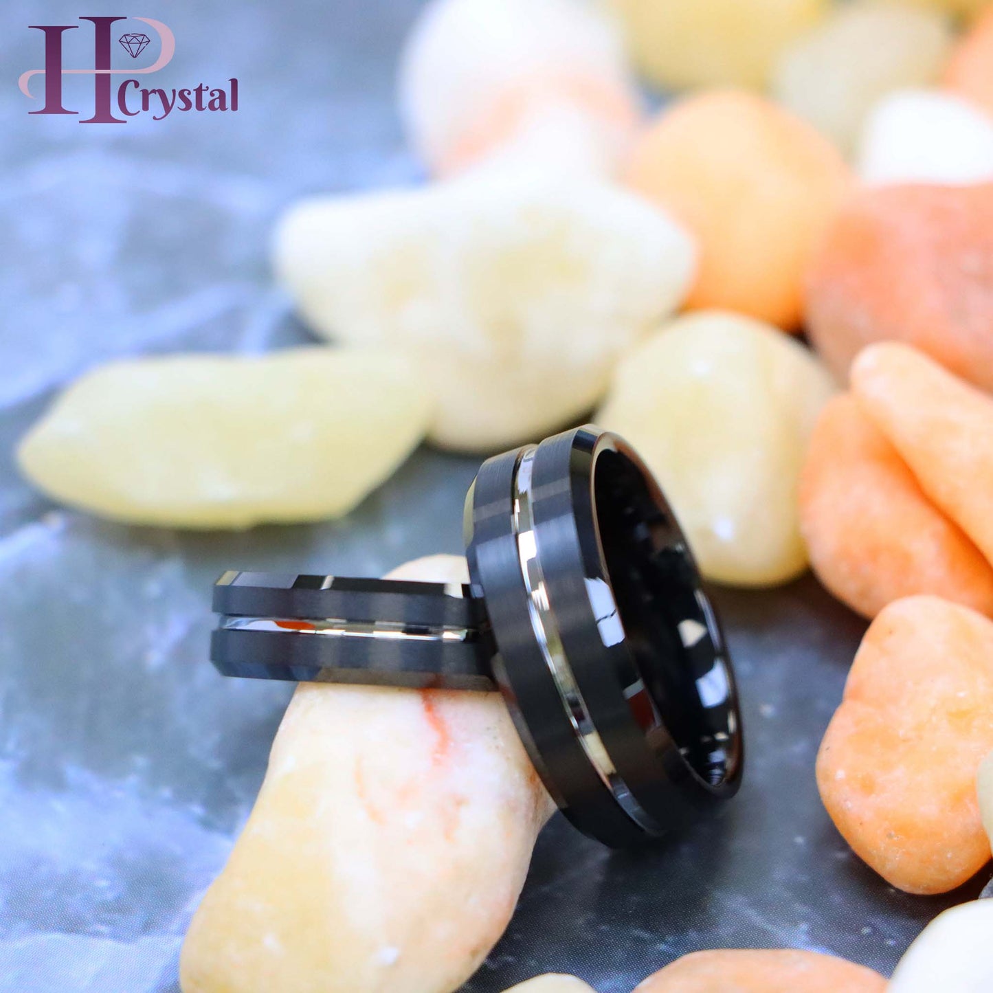 Black IP Brushed with Steel Color Grooved Center Beveled Edge Tungsten Ring